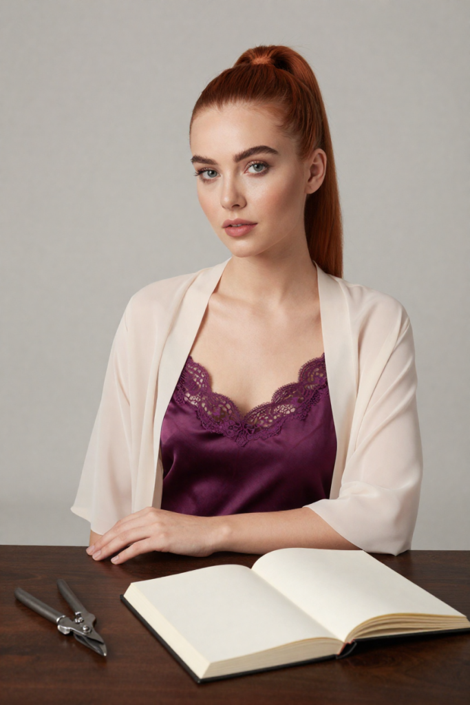 Fictional 26-year-old woman in a plum satin camisole at a desk with an open blank biography and pruning shears